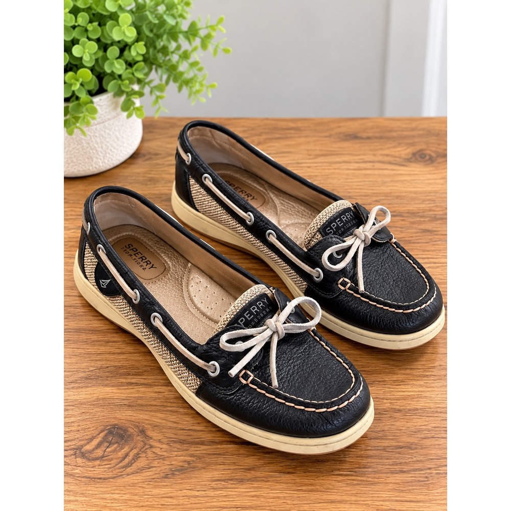 Sperry Top-Sider Angfish Boat Shoes Black Tan Leather Loafers 9101916 Womens 8M